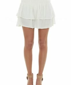 Glam Cream Ruched Ruffle Overlay Woven Mini Skirt
