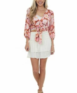 Glam Cream Ruched Ruffle Overlay Woven Mini Skirt