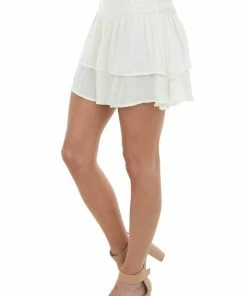 Glam Cream Ruched Ruffle Overlay Woven Mini Skirt 8 Glam Cream Ruched Ruffle Overlay Woven Mini Skirt