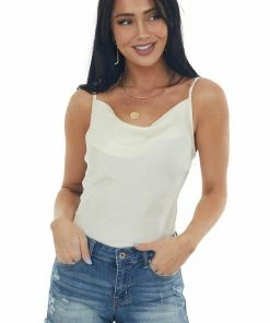 Umgee Cream Sheen Draped Neck Adjustable Strap Cami