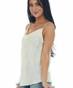 Umgee Cream Sheen Draped Neck Adjustable Strap Cami