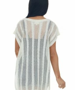 143 Story Tops Cream Short Sleeve Tunic Open Cable Knit Top