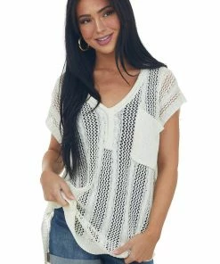 143 Story Tops Cream Short Sleeve Tunic Open Cable Knit Top