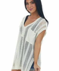 143 Story Tops Cream Short Sleeve Tunic Open Cable Knit Top