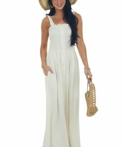Vanilla Bay Cream Smocked Bodice Front Slit Maxi Dress Dresses