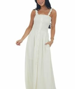 Vanilla Bay Cream Smocked Bodice Front Slit Maxi Dress Dresses