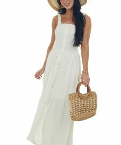 Vanilla Bay Cream Smocked Bodice Front Slit Maxi Dress Dresses