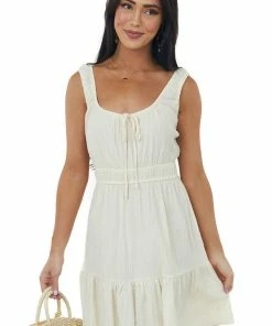 Lush Clothing Cream Smocked Waist Textured Mini Tank Dress Dresses