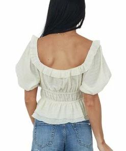Lush Clothing Cream Square Neck Puff Sleeve Woven Peasant Top
