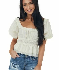 Lush Clothing Cream Square Neck Puff Sleeve Woven Peasant Top