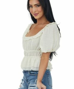 Lush Clothing Cream Square Neck Puff Sleeve Woven Peasant Top