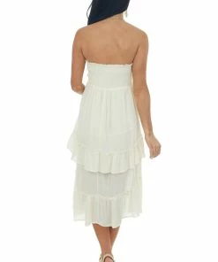 Umgee Cream Strapless Smocked Ruffle Hem Dress