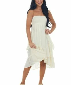 Umgee Cream Strapless Smocked Ruffle Hem Dress