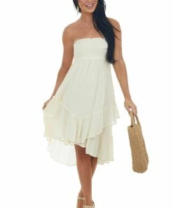 Umgee Cream Strapless Smocked Ruffle Hem Dress