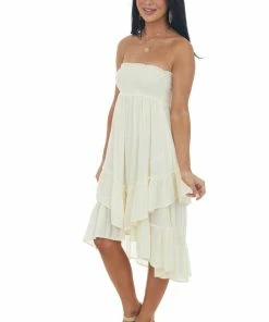 Umgee Cream Strapless Smocked Ruffle Hem Dress