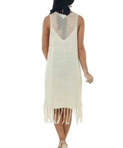Umgee Dresses Cream Tassel Hemline Crochet Knit Midi Dress
