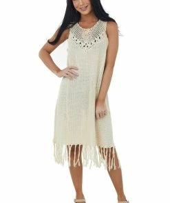 Umgee Dresses Cream Tassel Hemline Crochet Knit Midi Dress