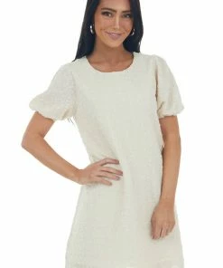 Very J Cream Textured Metallic Threaded Shift Dress Dresses