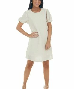 Very J Cream Textured Metallic Threaded Shift Dress Dresses