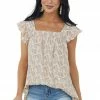 Hayden Cream Tropical Leaf Print Square Neck Woven Top
