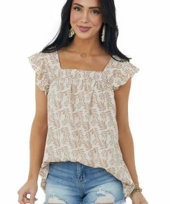 Hayden Cream Tropical Leaf Print Square Neck Woven Top