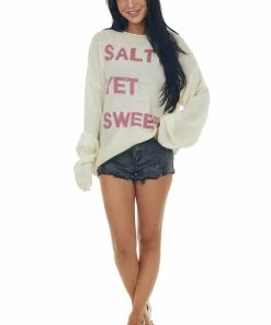Listicle Cream 'Salty Yet Sweet' Lightweight Knit Sweater