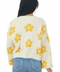 Miss Sparkling Tops Cream And Amber Daisy Print Fuzzy Knit Cardigan