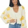 Miss Sparkling Tops Cream And Amber Daisy Print Fuzzy Knit Cardigan