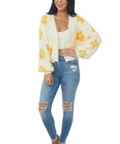 Miss Sparkling Tops Cream And Amber Daisy Print Fuzzy Knit Cardigan