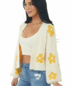 Miss Sparkling Tops Cream And Amber Daisy Print Fuzzy Knit Cardigan