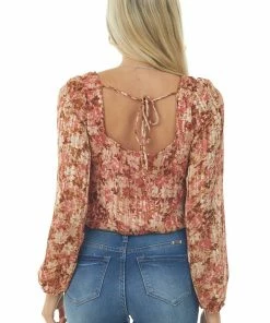 Peach Love Tops Cream And Cognac Floral Bubble Sleeve Bodysuit