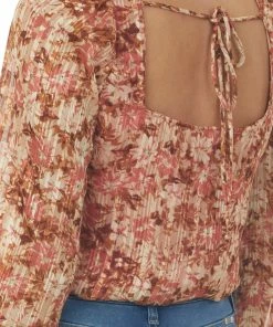 Peach Love Tops Cream And Cognac Floral Bubble Sleeve Bodysuit