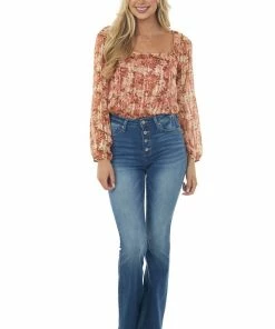 Peach Love Tops Cream And Cognac Floral Bubble Sleeve Bodysuit