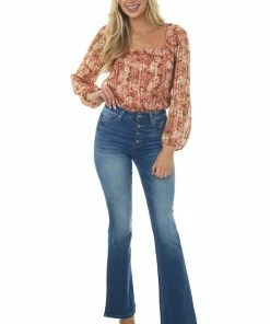 Peach Love Tops Cream And Cognac Floral Bubble Sleeve Bodysuit