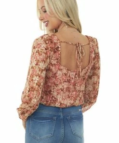 Peach Love Tops Cream And Cognac Floral Bubble Sleeve Bodysuit