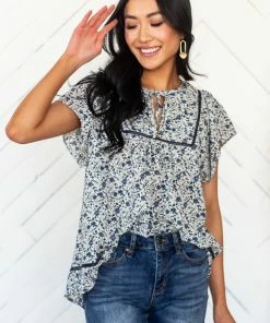 Ces Femme Tops Cream And Navy Floral Square Lace Peasant Top