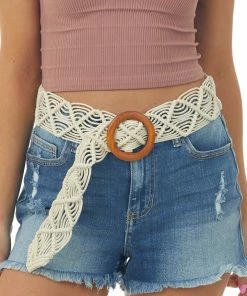 Dani & Em Cream Boho Rope Woven Wood Buckle Belt