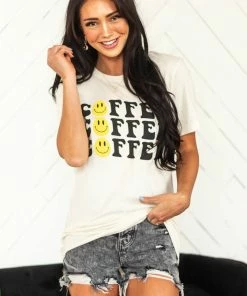 Blume+Co Tops Cream Coffee Smiley Face Graphic Knit Tee