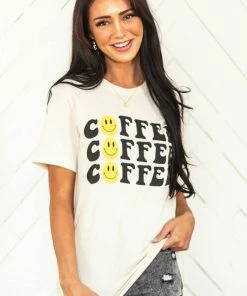 Blume+Co Tops Cream Coffee Smiley Face Graphic Knit Tee