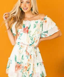 Flying Tomato Cream Floral Print Off Shoulder Woven Romper Dresses