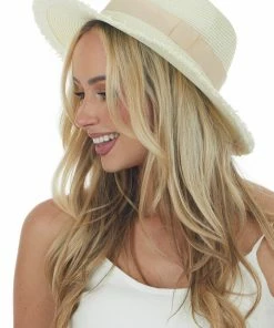 Aili's Corner Cream Frayed Edge Ribbon Panama Straw Hat Accessories