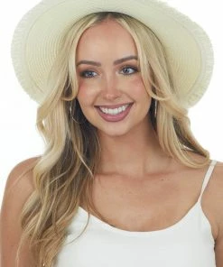 Aili's Corner Cream Frayed Edge Ribbon Panama Straw Hat Accessories
