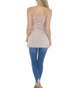 POL Clothing Crepe Pink Sleeveless Cami Top With Floral Lace Bust And Hem Tops 21 POL Clothing Crepe Pink Sleeveless Cami Top With Floral Lace Bust And Hem Tops