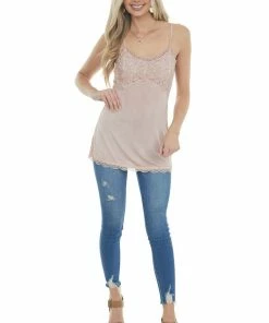 POL Clothing Crepe Pink Sleeveless Cami Top With Floral Lace Bust And Hem Tops 18 POL Clothing Crepe Pink Sleeveless Cami Top With Floral Lace Bust And Hem Tops