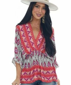 Umgee Crimson Abstract Print Babydoll Surplice Top