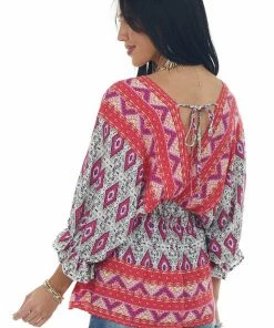 Umgee Crimson Abstract Print Babydoll Surplice Top