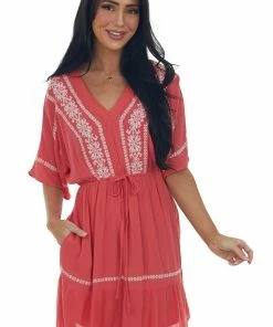 Heyson Crimson Embroidered V Neck Woven Short Dress