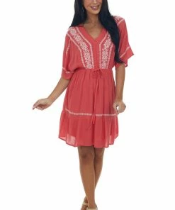 Heyson Crimson Embroidered V Neck Woven Short Dress 9 Heyson Crimson Embroidered V Neck Woven Short Dress