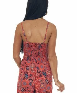 ANGIE Crimson Floral Paisley Sleeveless Woven Romper