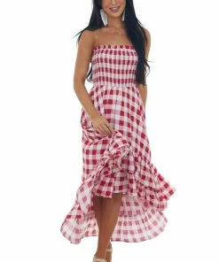 BiBi Crimson Gingham Smocked Strapless High Low Dress Dresses